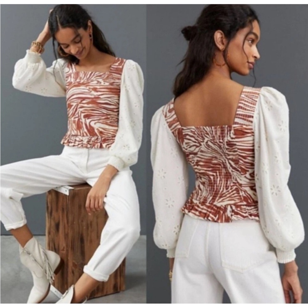 Anthropologie Love the Label Smocked Puff Sleeve Eyelet Blouse W2277 Sz M - Picture 2 of 11